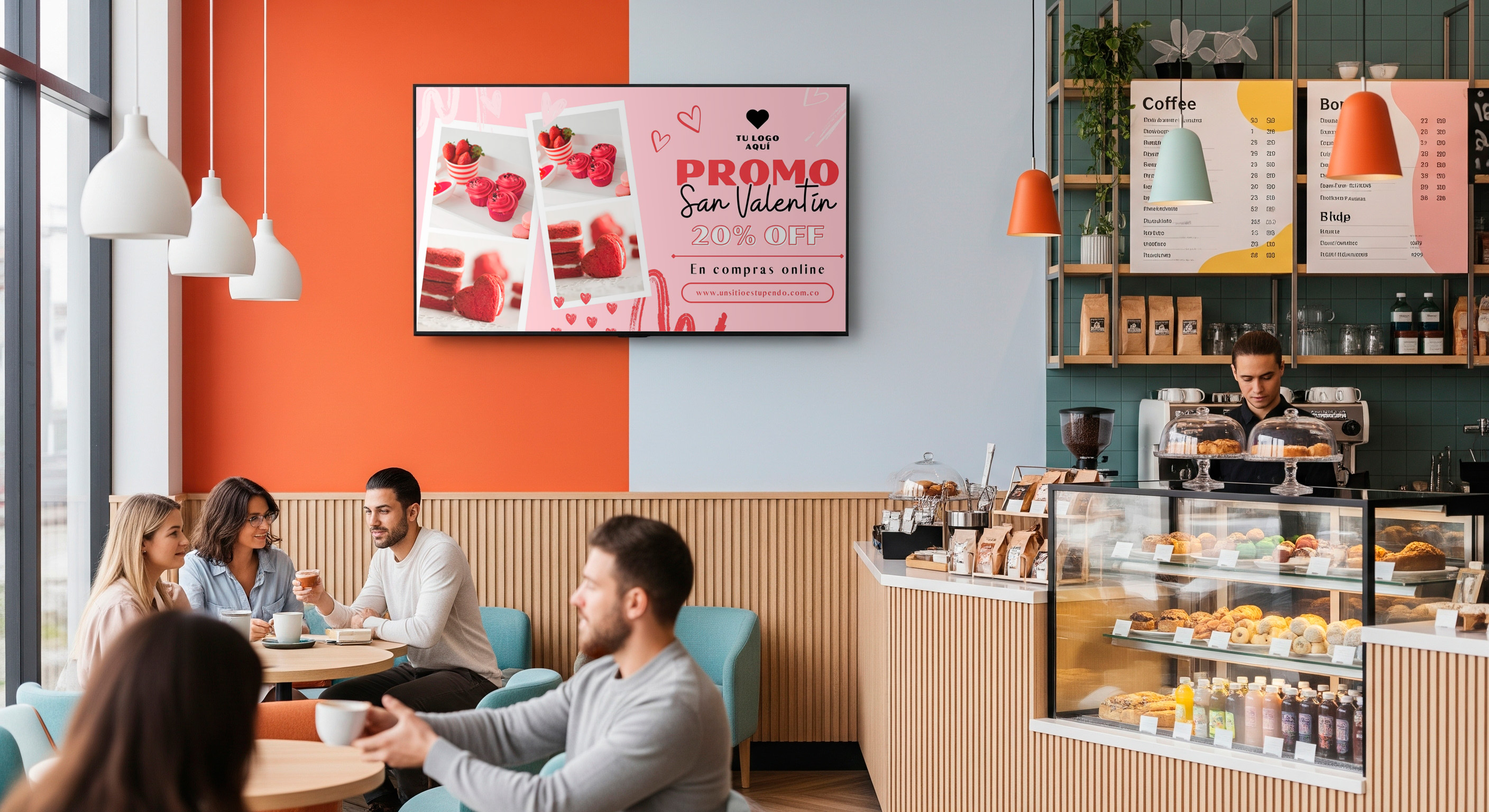 Pantalla de menú digital mostrando un video de la preparación de un plato.