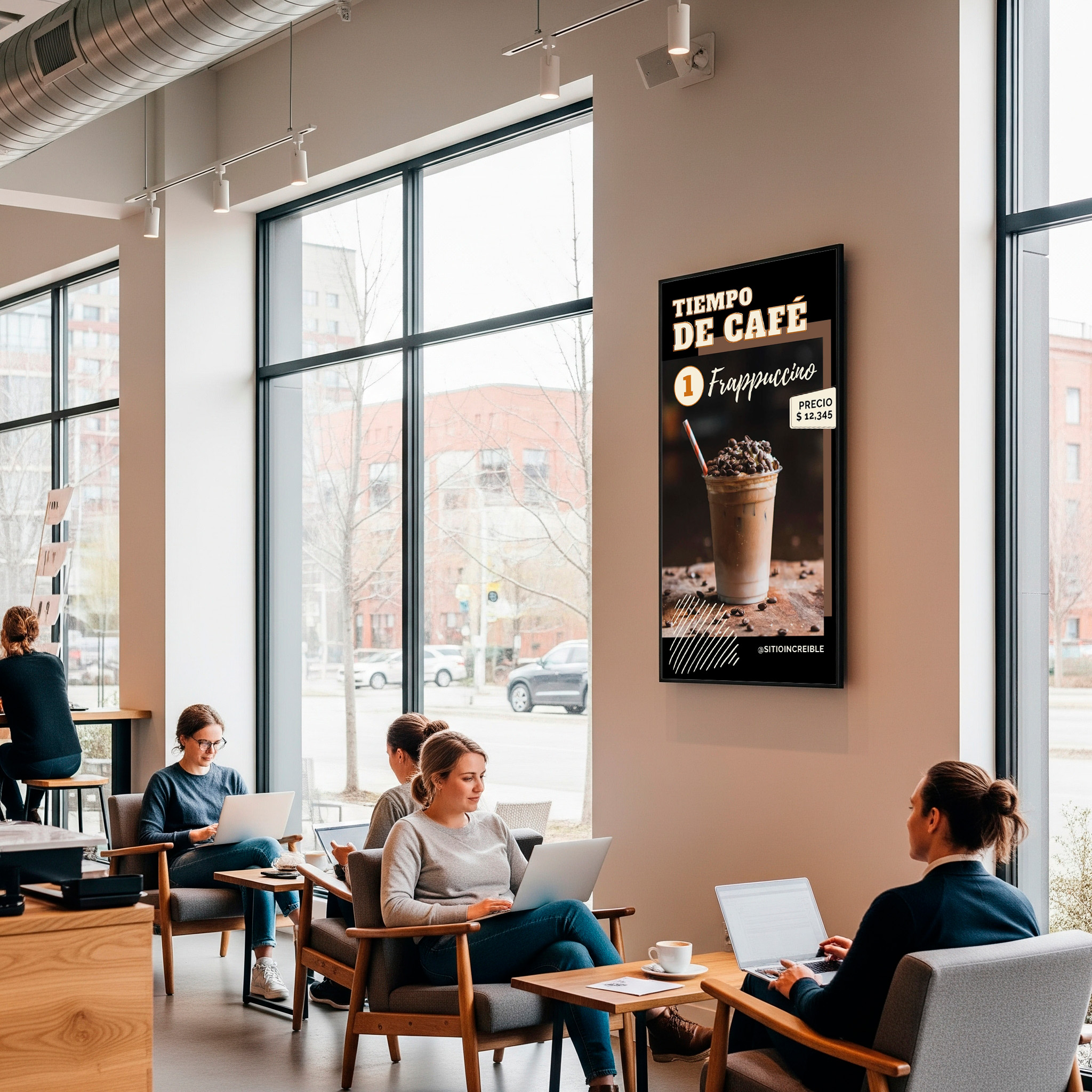 Pantalla de cartelería digital promocionando un happy hour en un bar.