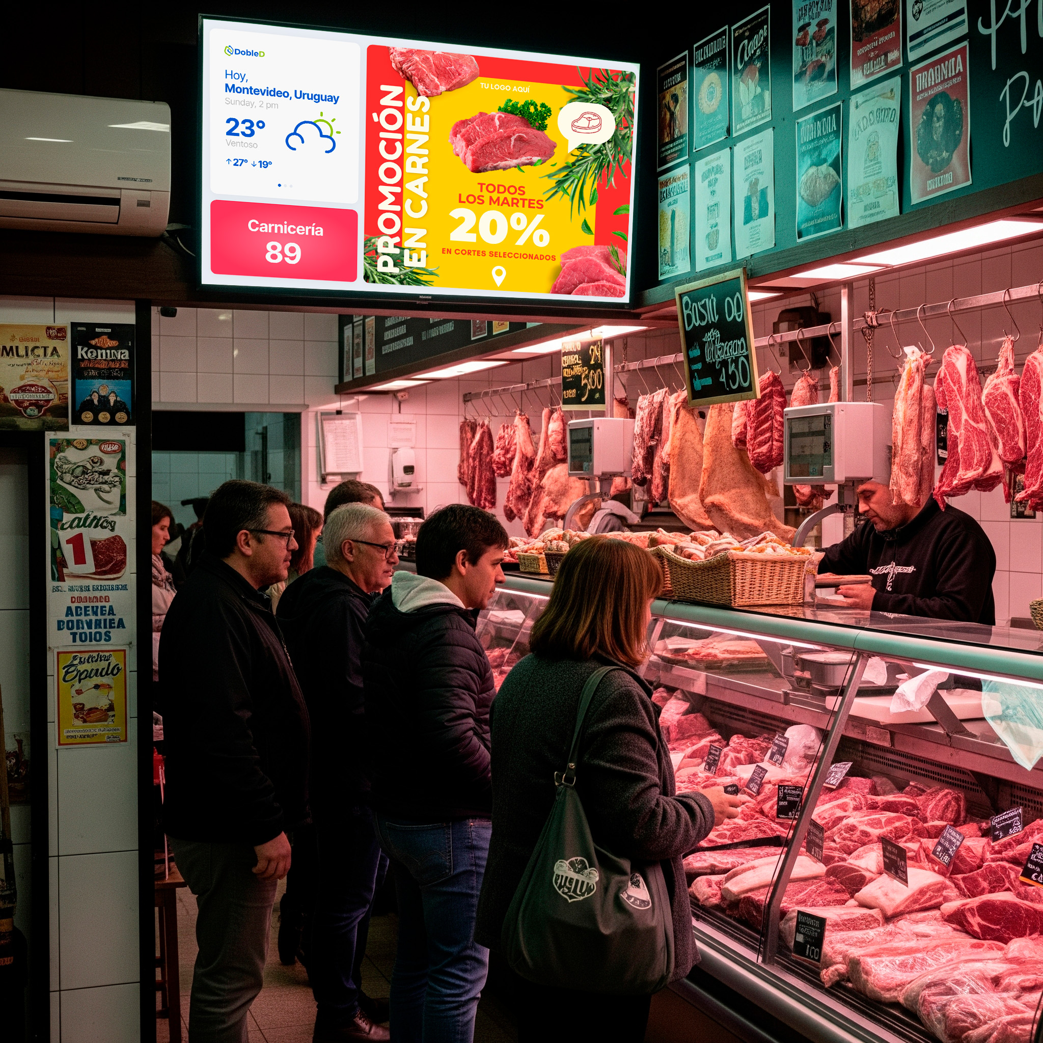 Pantalla de turnos organizando la atención en el mostrador de una carnicería.