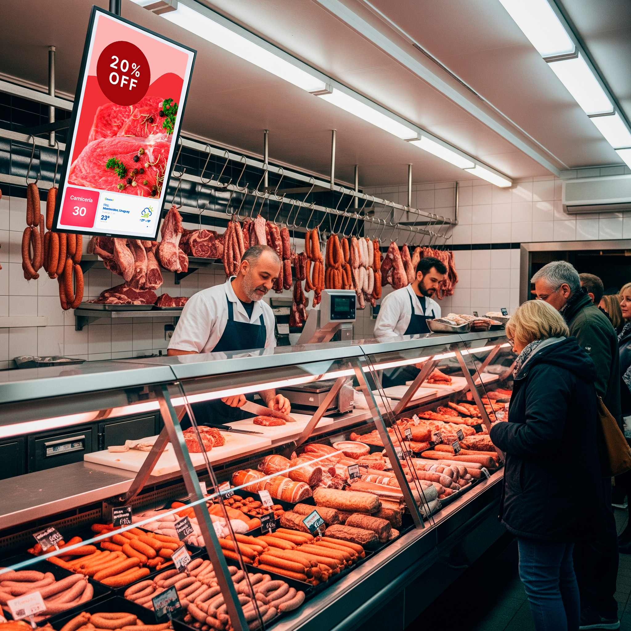 Cartelería digital promocionando ofertas de asado en una carnicería.