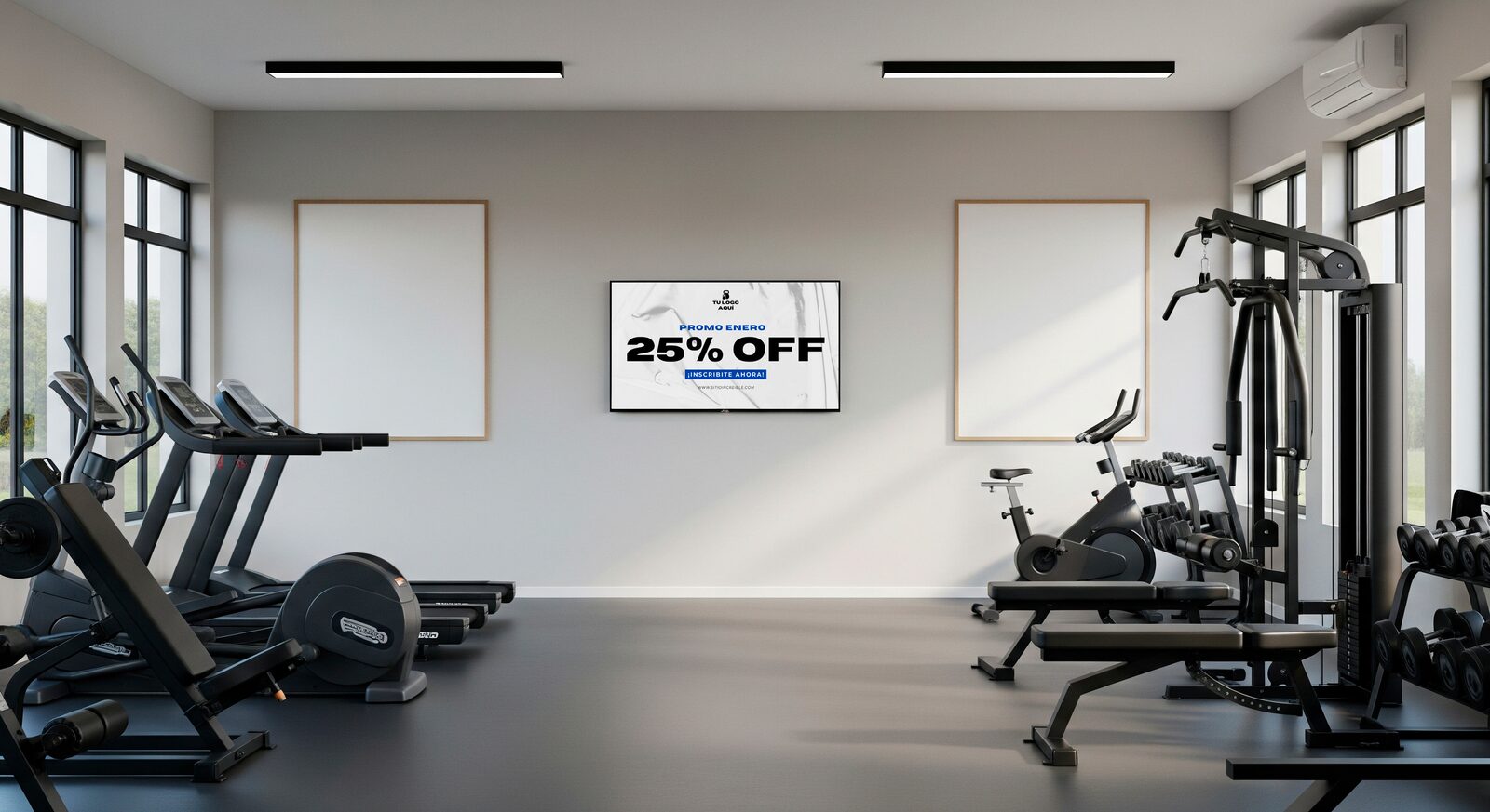 Pantalla digital en un gimnasio de Montevideo mostrando horarios.
