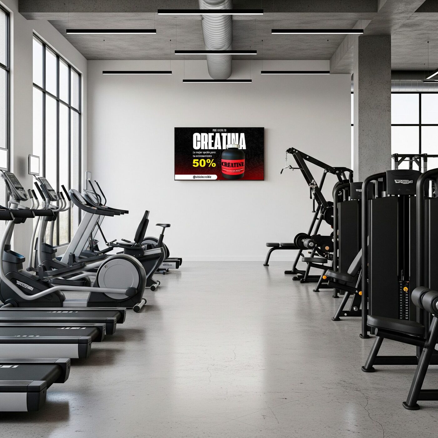 Cartelería digital mostrando rutinas de entrenamiento y contenido motivacional