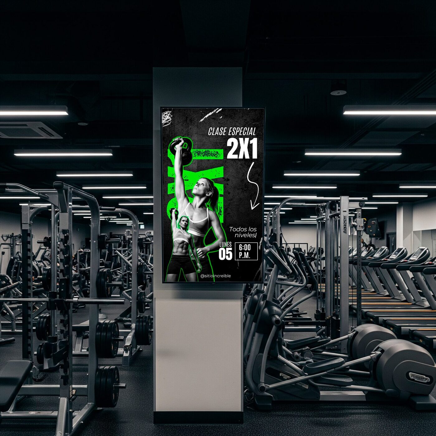 Pantalla promocionando servicios adicionales y productos en un gimnasio