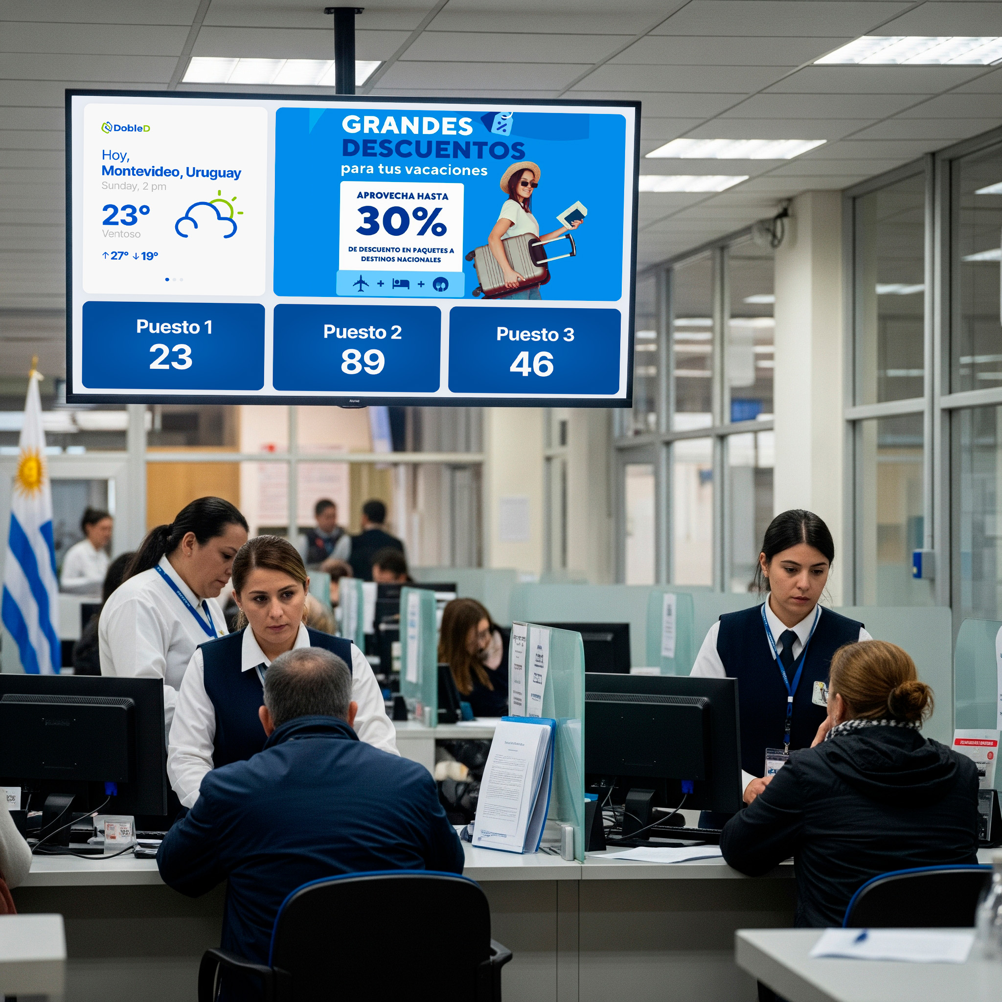 Empleado bancario utilizando el sistema de llamado de turnos de DobleD.