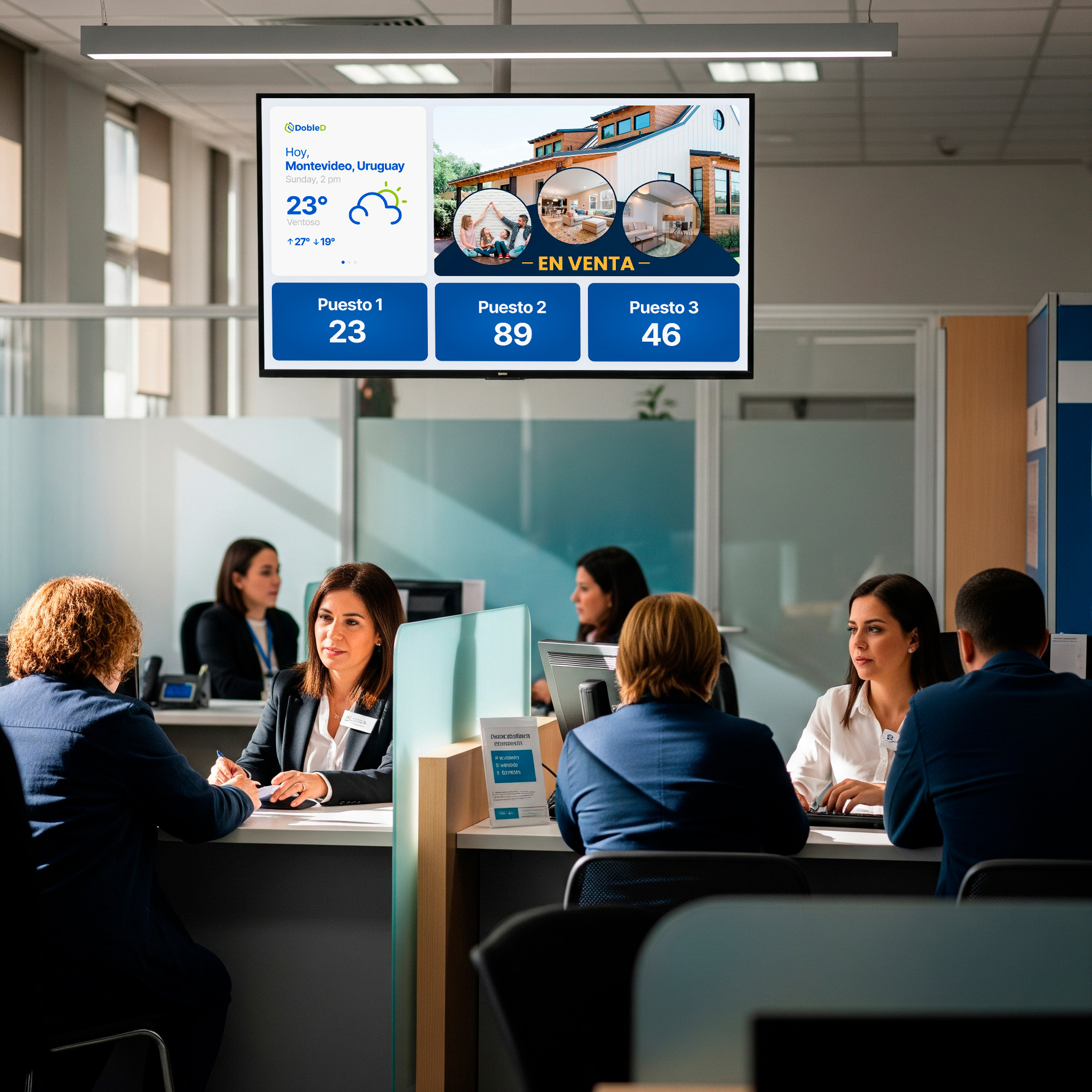 Pantalla de cartelería digital mostrando promociones bancarias en una oficina.
