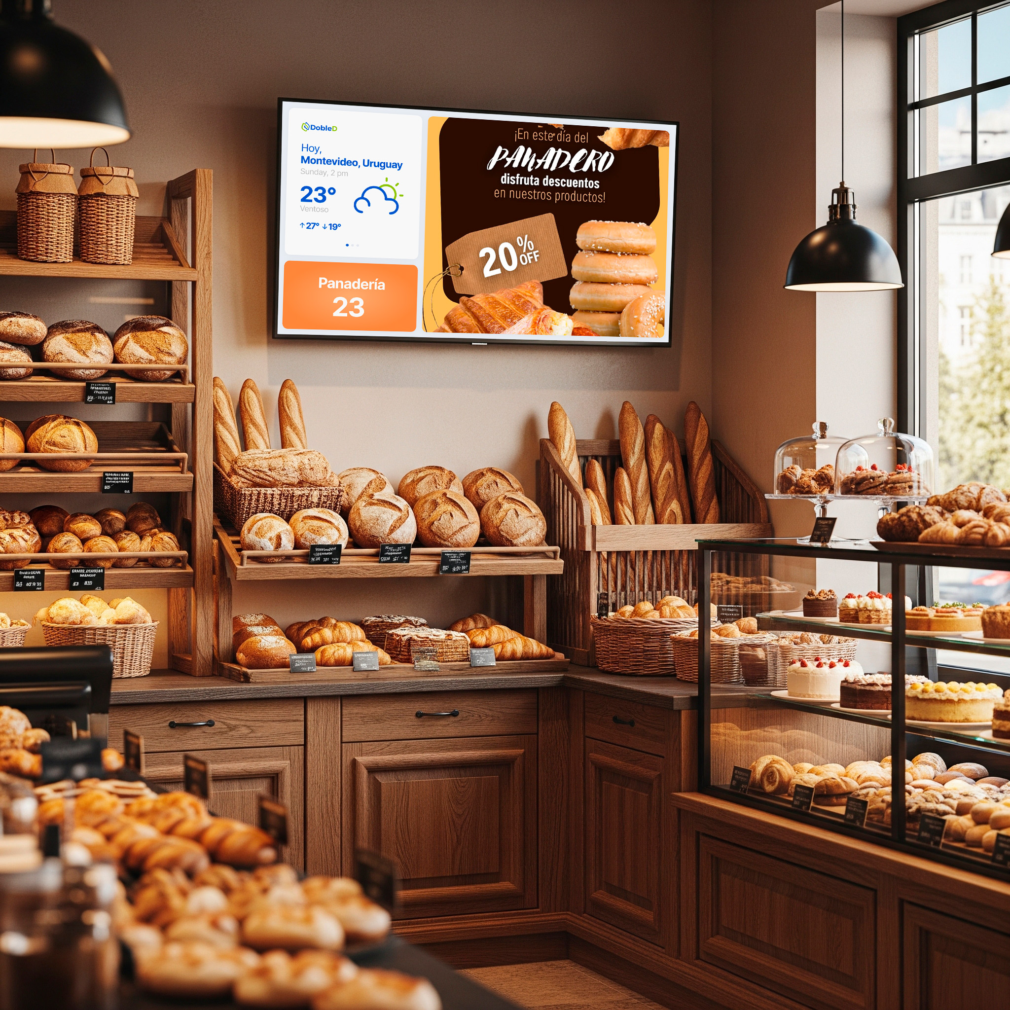 Sistema de turnos DobleD mostrando un catálogo de tortas en una panadería.
