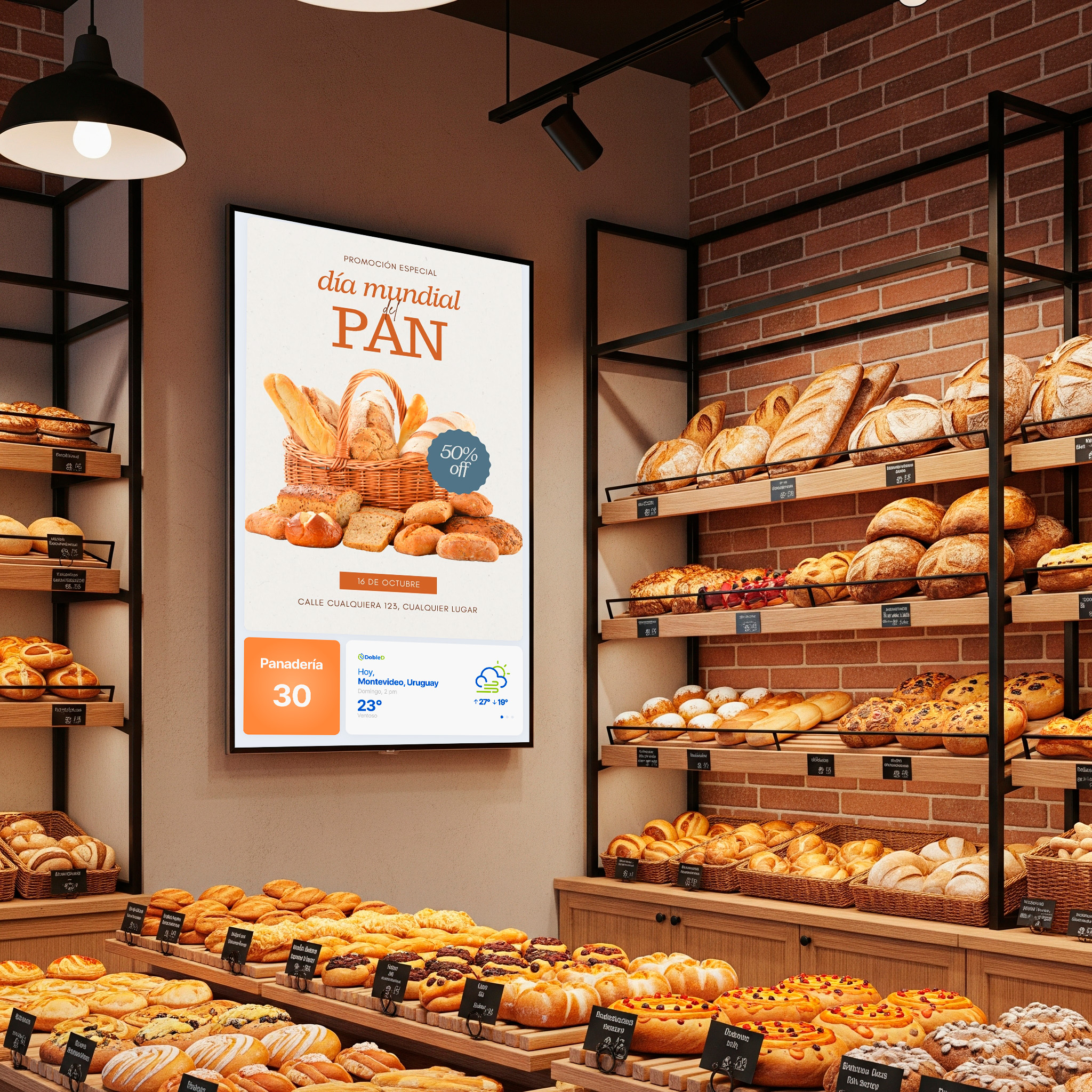Cliente observa promociones de una panadería en pantalla de cartelería digital.