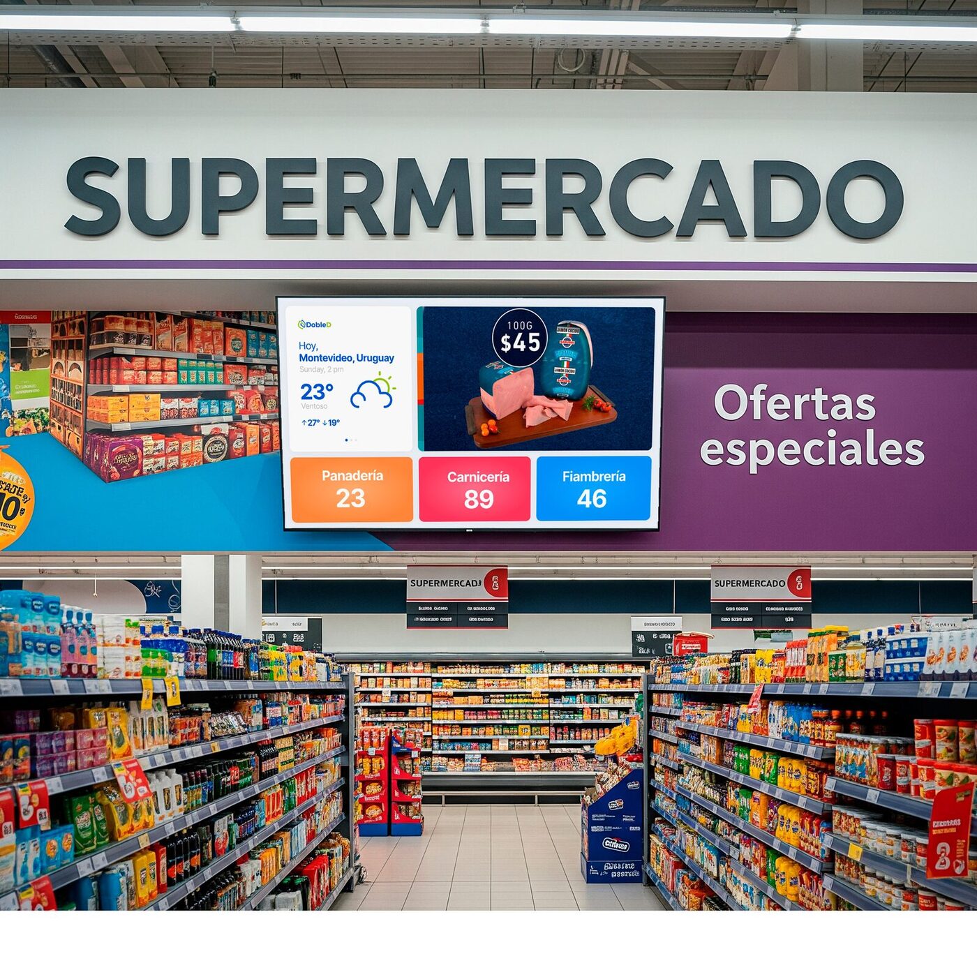 Turnero digital mostrando ofertas de fiambrería y quesos