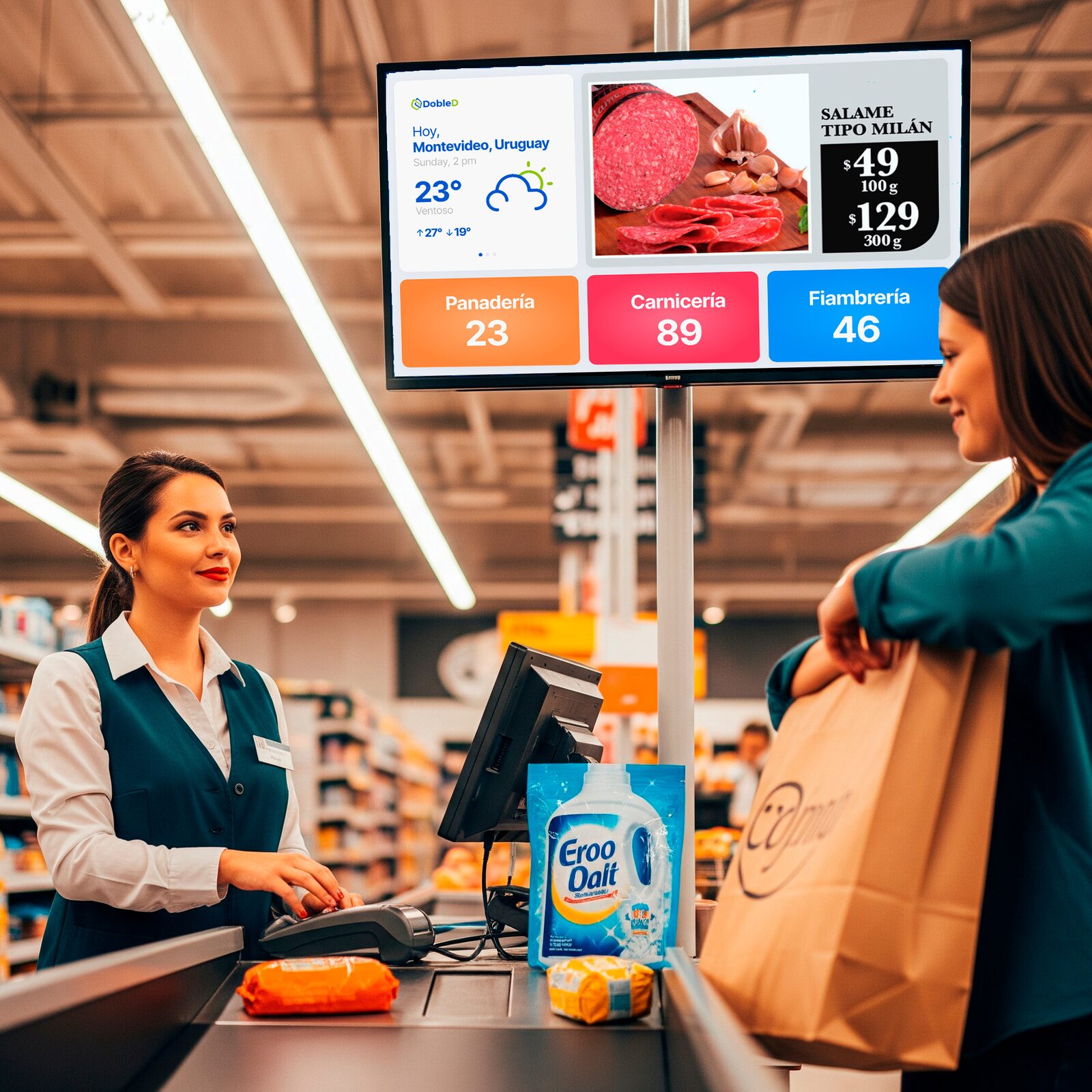 Pantalla publicitaria en pasillo de supermercado con ofertas de bebidas.
