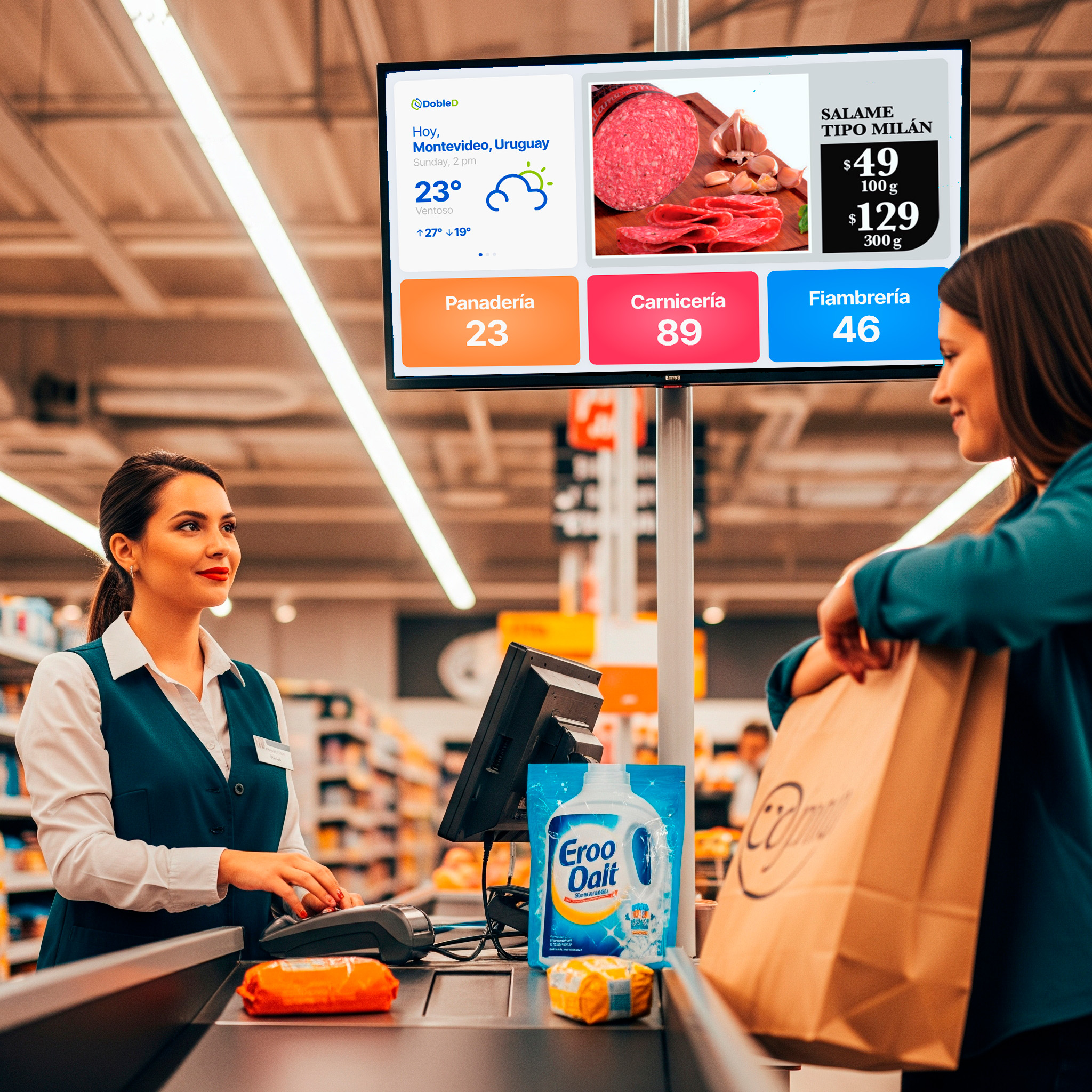 Pantalla publicitaria en pasillo de supermercado con ofertas de bebidas.