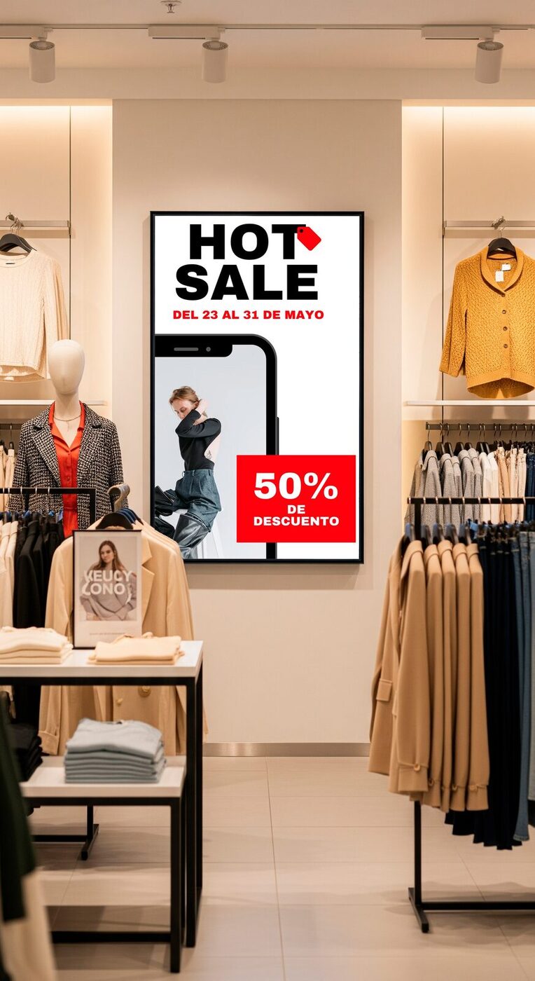 TV comercial en vertical dentro de una tienda de ropa mostrando una promocion de Hot Sale con 50% de descuento, gestionada con software de carteleria digital