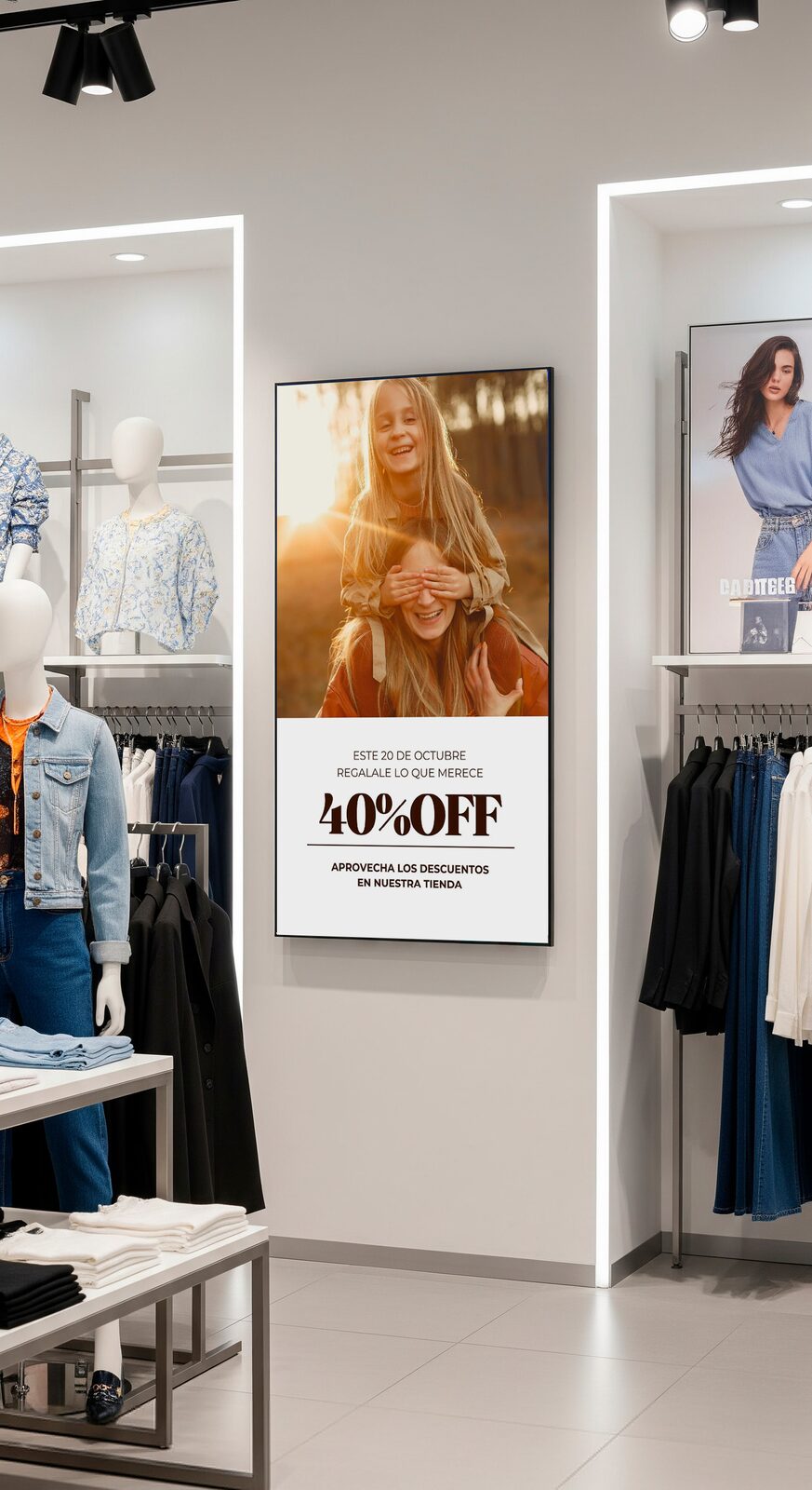Cartelería digital mostrando looks completos y combinaciones de prendas.